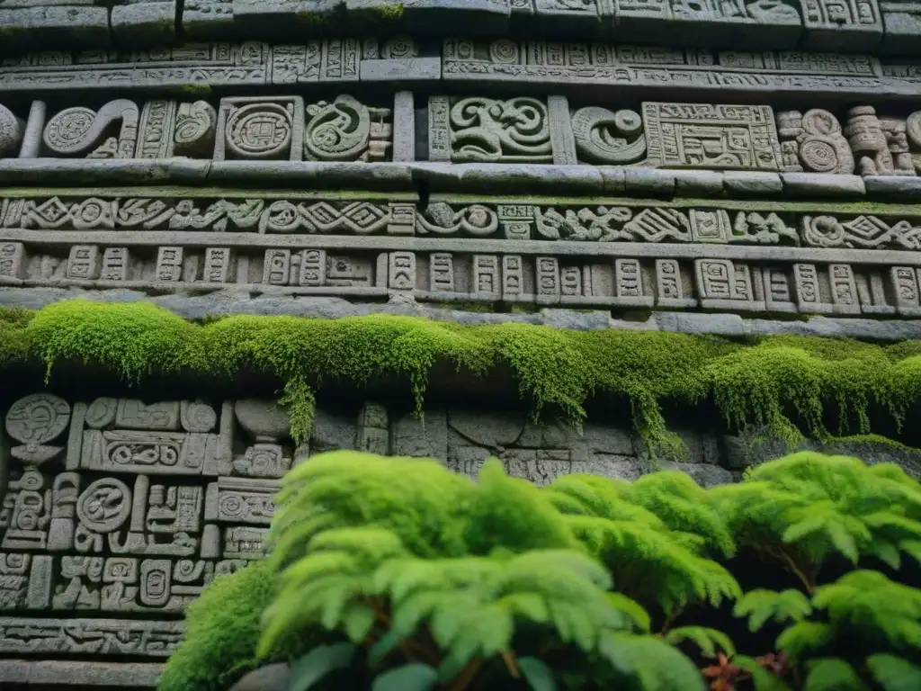 Detalles de ruinas mayas con jeroglíficos y musgo, reflejando la artesanía maya