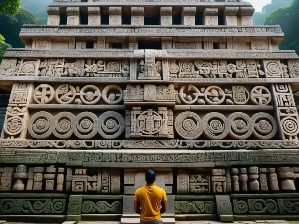 Detalles sagrados de la fachada del Templo de las Inscripciones en Palenque, México, mostrando la geometría sagrada en arquitectura maya