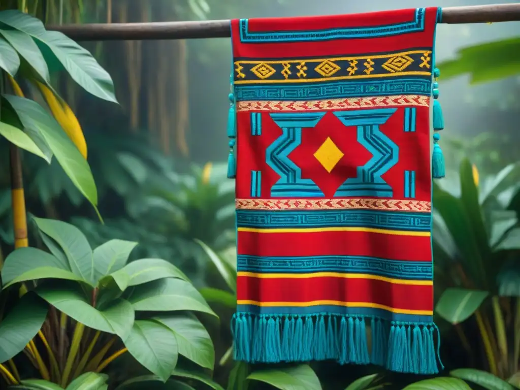 Detalles simbólicos de textiles mayas en vibrantes colores sobre fondo verde de la selva