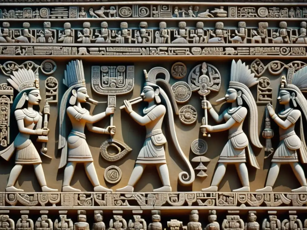 Escenas diplomáticas mayas: tallado detallado en piedra Detalles de tallado en piedra de la práctica cultural de la diplomacia maya