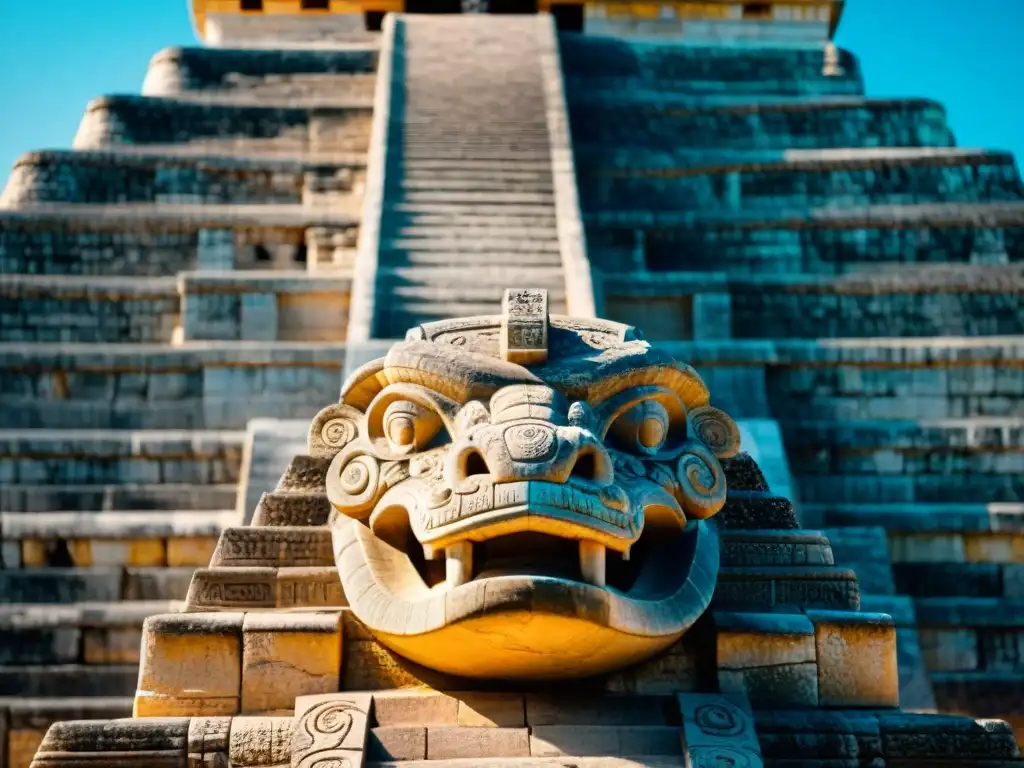 Detalles tallados en la cabeza de serpiente de la pirámide de Kukulkán en Chichén Itzá, iluminados por el sol