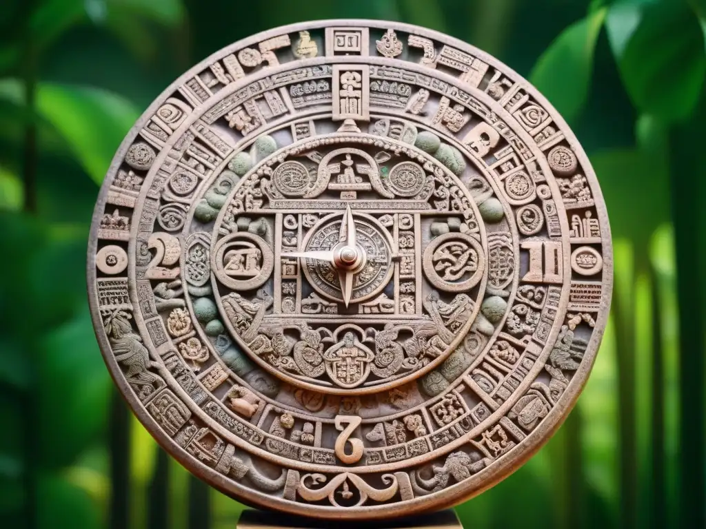 Detalles tallados en calendario maya con significado del calendario maya, en selva tropical iluminada por el sol