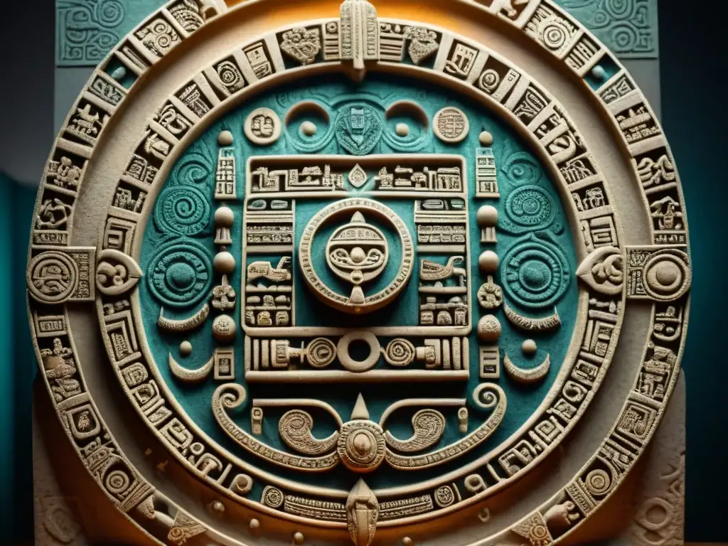 Detalles tallados en el calendario maya, muestra la artesanía y el Sistema calendárico maya tradicional