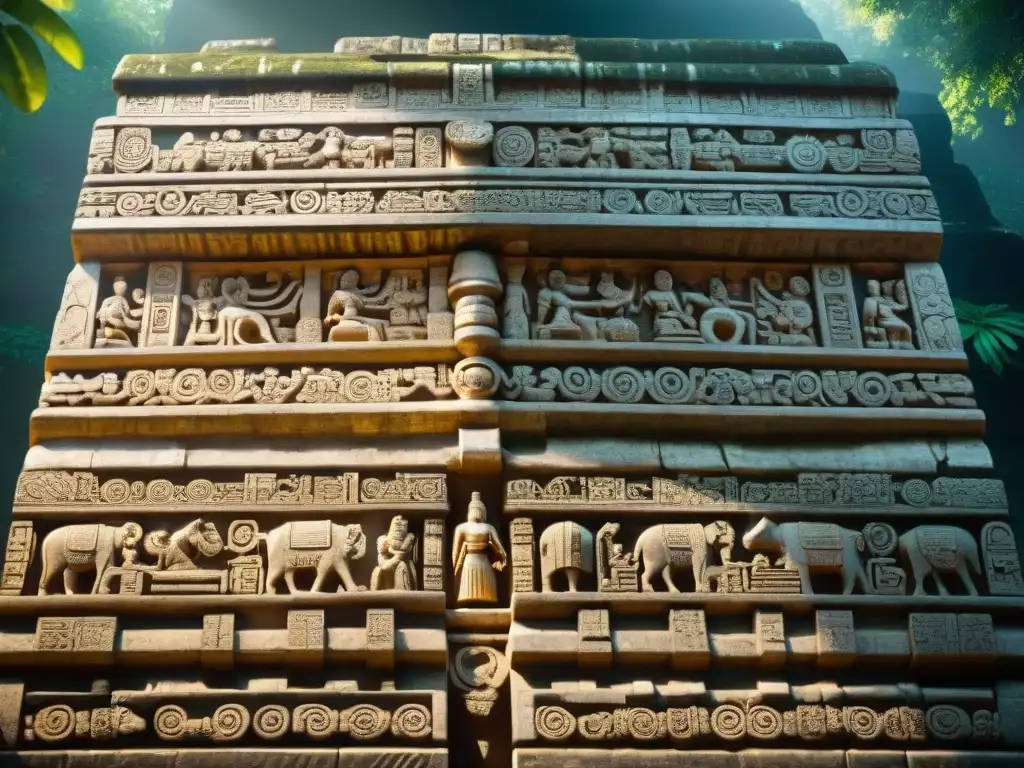 Detalles de tallados en el Templo de las Inscripciones en Palenque, México, destacando la Proporción Áurea Maya en arte y arquitectura