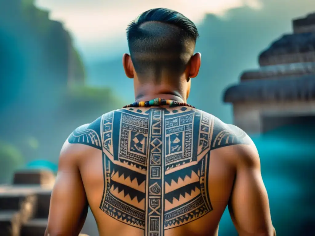 Detalles de tatuajes mayas: protección espiritual y símbolos ancestrales en la piel de un hombre maya