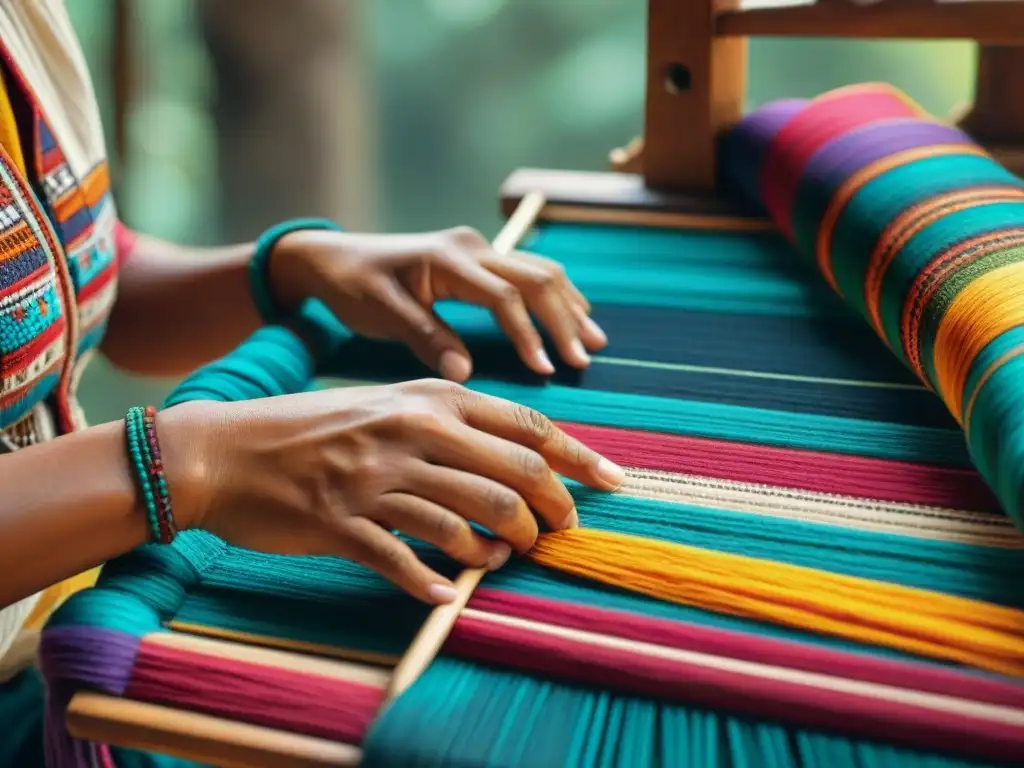 Detalles de la tejedora maya creando textiles llenos de simbolismo en un telar tradicional, educando sobre la cultura y el arte maya