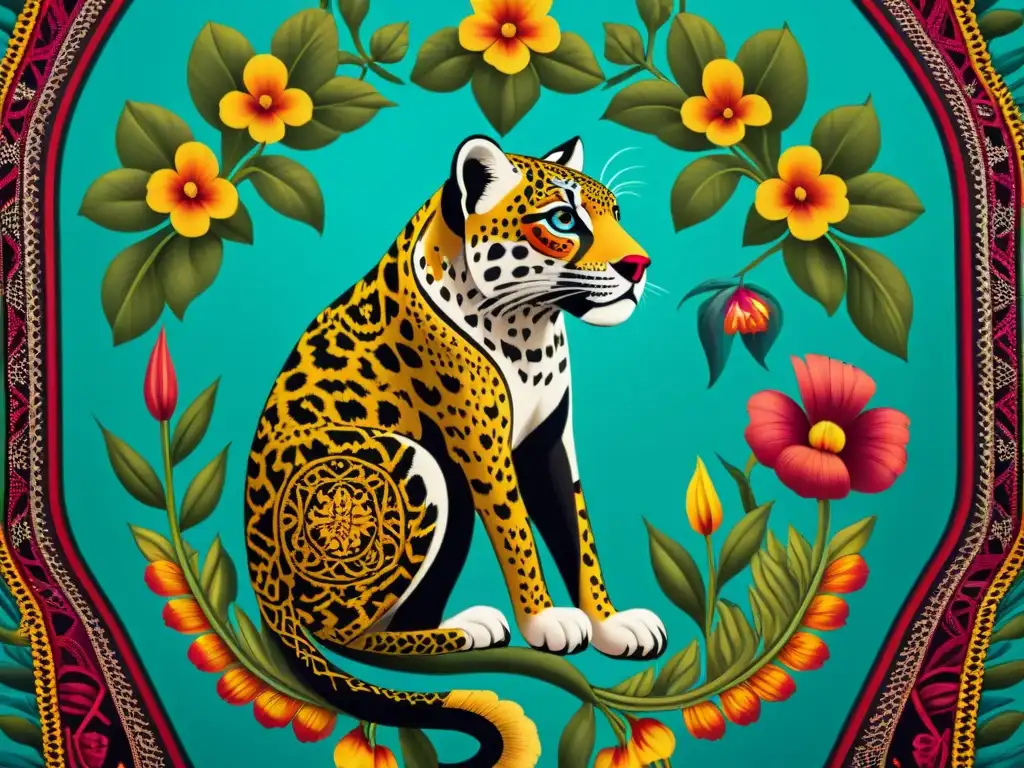 Detalles de tejido maya con simbolismo natural de jaguares, aves quetzal y flores exóticas