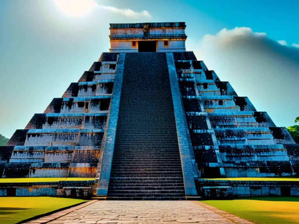 Detalles del Templo de Kukulcán en Chichén Itzá, con alineaciones astronómicas y sombra de serpiente en la escalinata norte