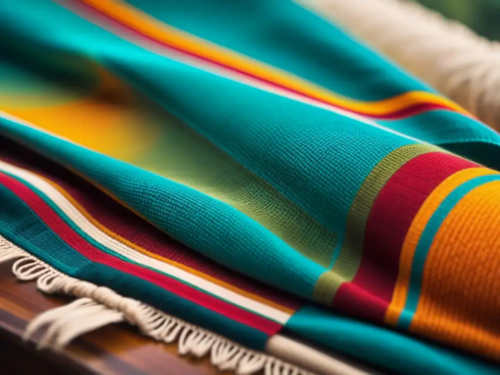 Detalles de un textil maya vibrante, con patrones tradicionales y colores intensos