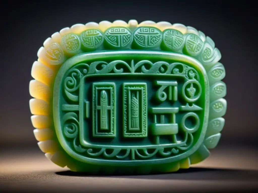 Detalles únicos de artefacto de jade maya, lujoso y simbólico en fondo oscuro