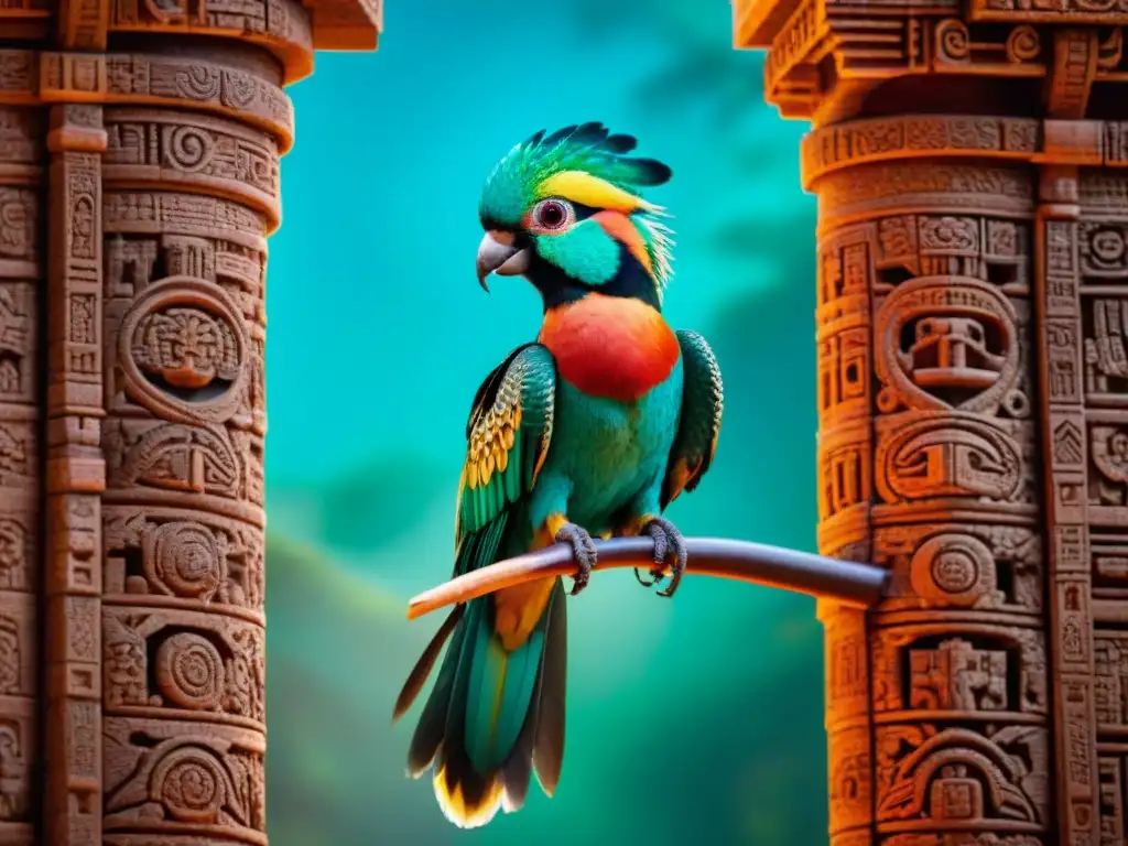 Detalles vibrantes de aves Quetzal talladas en un templo maya, representando la conexión divina entre el mundo aviar y los dioses mayas