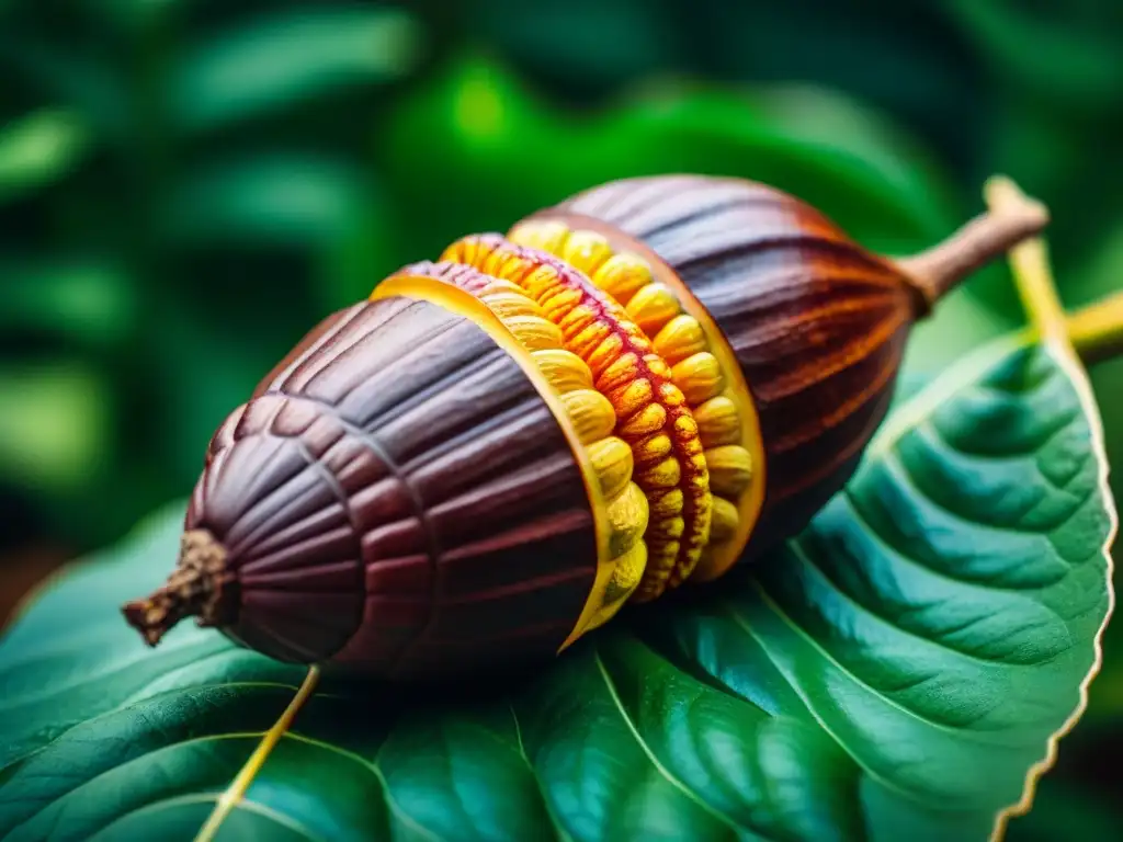 Detalles vibrantes de un cacao recién cosechado bajo el sol, resaltando la frescura y belleza natural