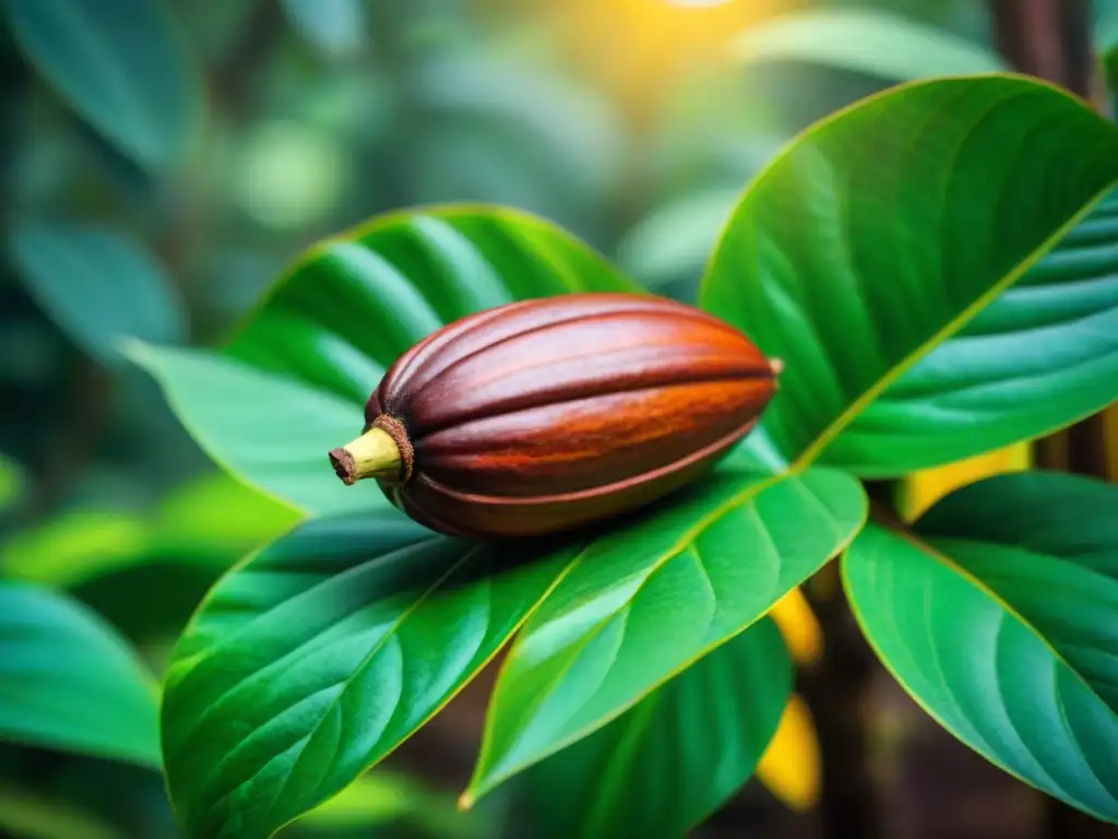 Detalles vibrantes de un cacao recién cosechado, resaltando su importancia cultural en la selva tropical