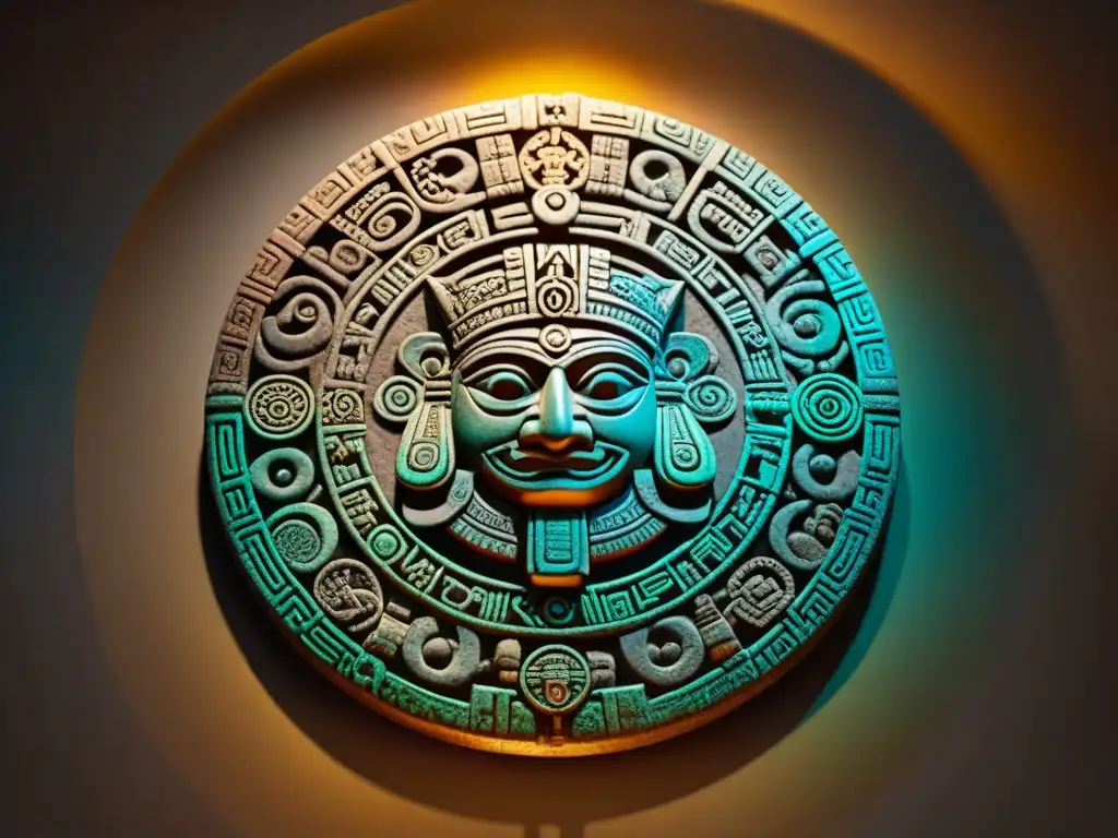 Calendario Maya: Misterio y Sabiduría Antigua Detalles vibrantes del Calendario Maya bien conservado, en una habitación iluminada, evocando misterio y sabiduría antigua