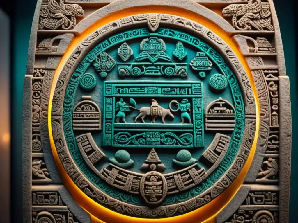 Detalles vibrantes del calendario maya ciclos largos, resaltando su riqueza cultural e histórica con intrincadas tallas y texturas