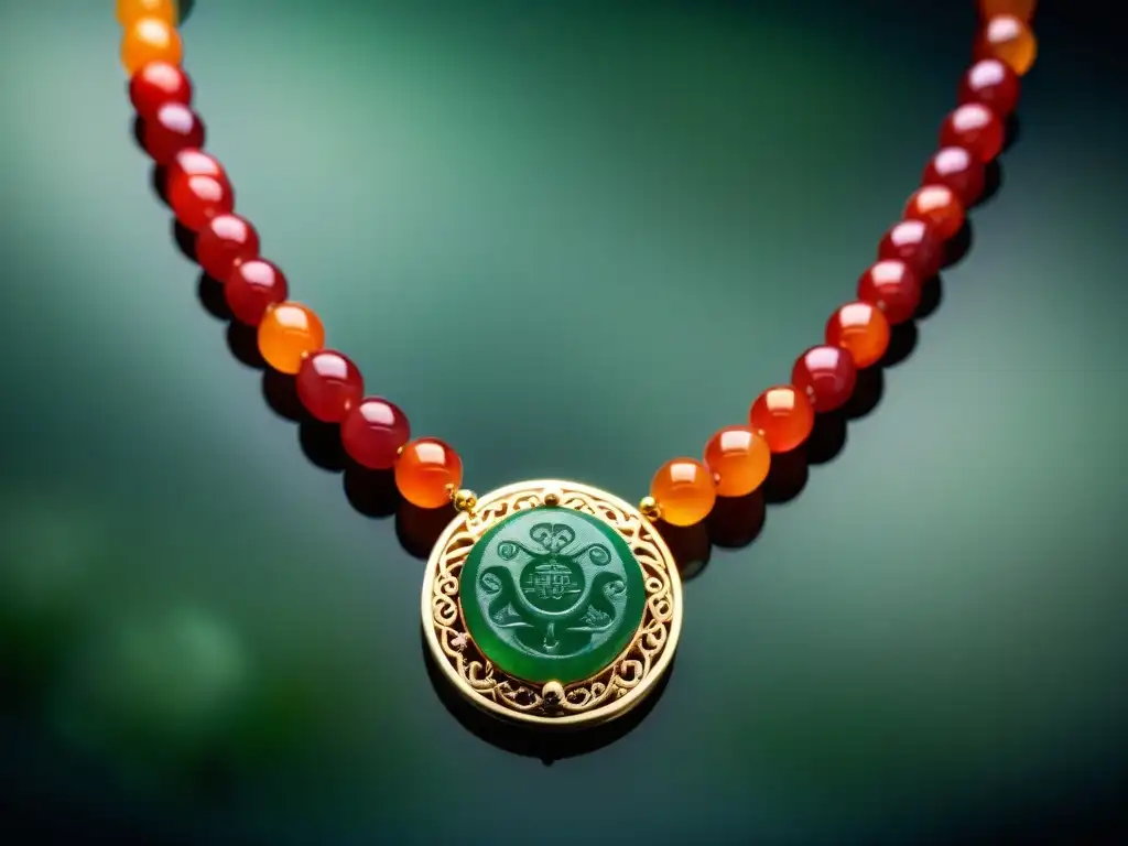 Detalles vibrantes de un collar de jade maya, reflejando su impacto cultural y belleza atemporal en la sociedad