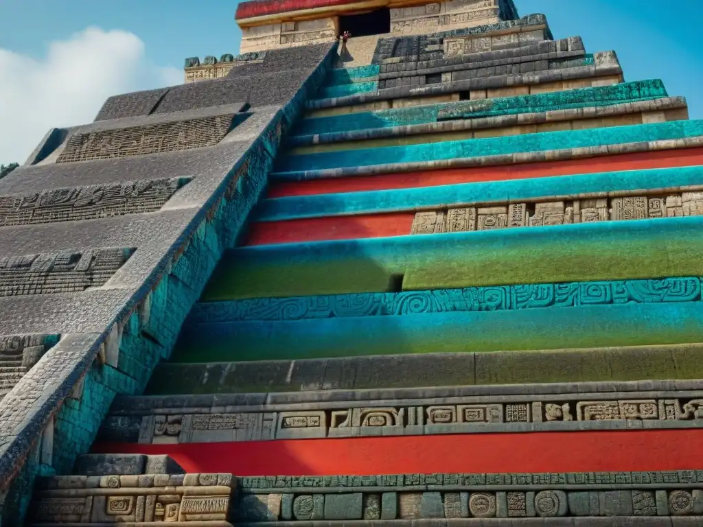 Detalles vibrantes y coloridos en la fachada de la antigua pirámide maya de Kukulkán