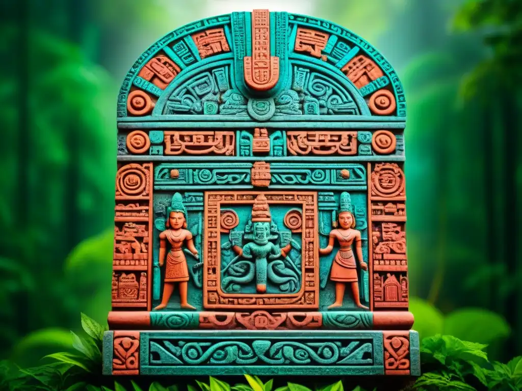 Detalles vibrantes de una estela maya con glifos intrincados en la jungla, capturando la interpretación de glifos mayas historia