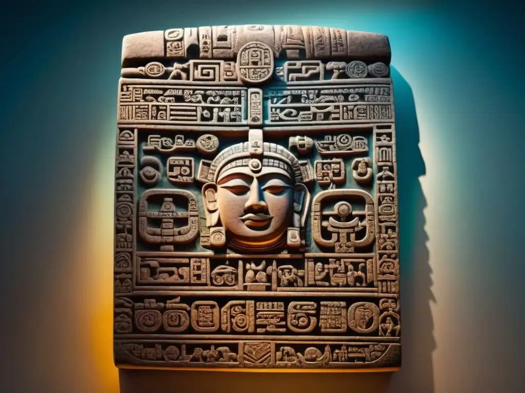 Detalles vibrantes de glifos mayas esculpidos en estela, reflejando el significado glifos escritura maya con juego de luz y sombra