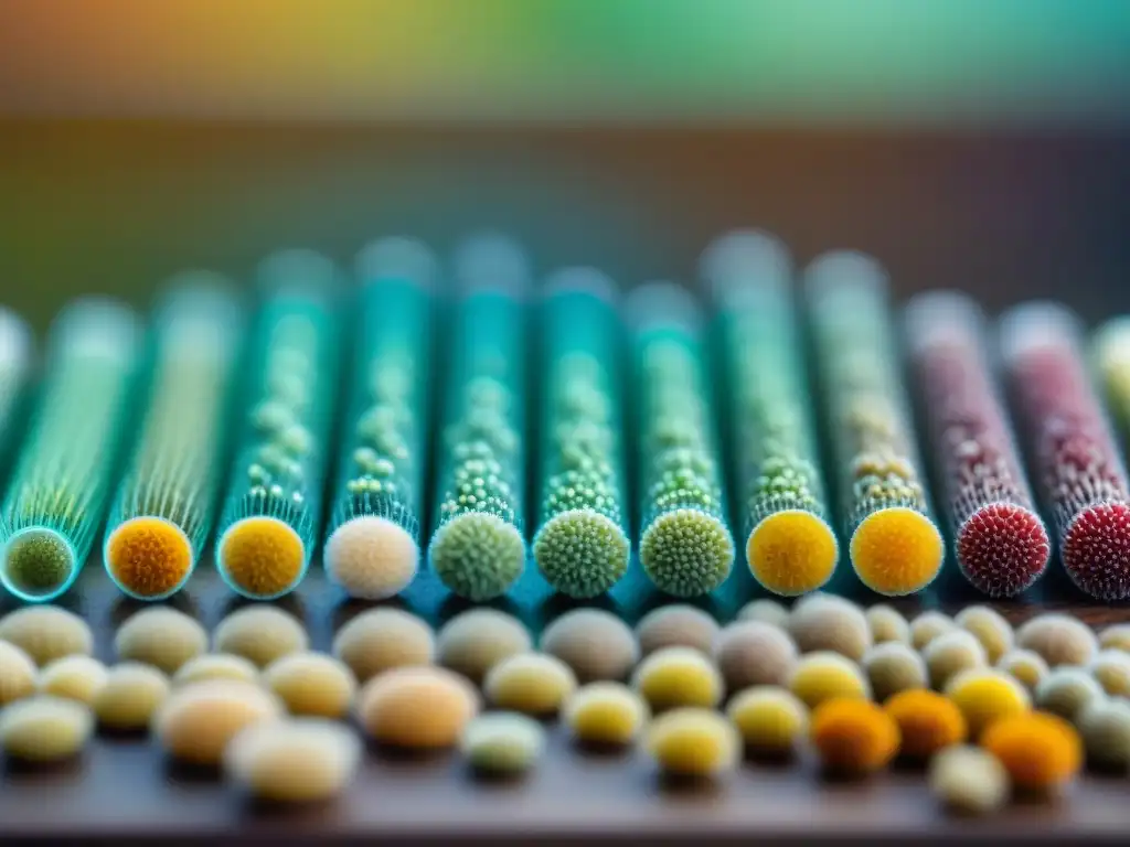 Detalles vibrantes de granos de polen de plantas antiguas en microscopio, reflejando la diversidad de la agricultura Maya