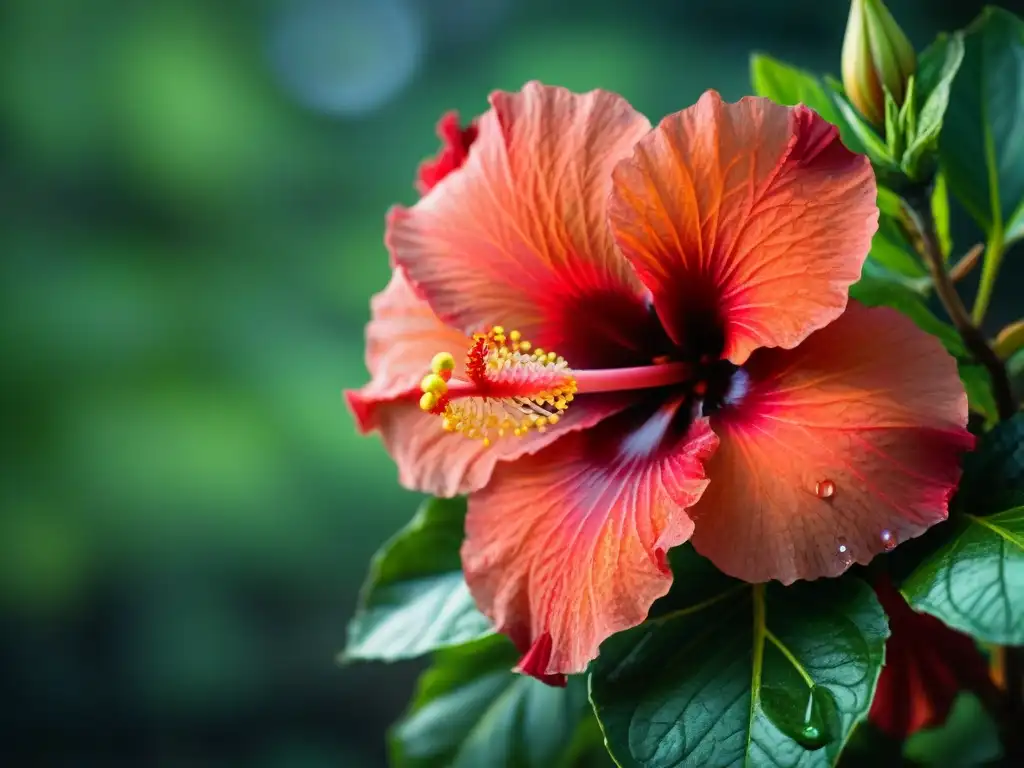 Detalles vibrantes de un hibisco rojo con gotas de rocío, reflejando la belleza de la botánica decorativa ritual mayas