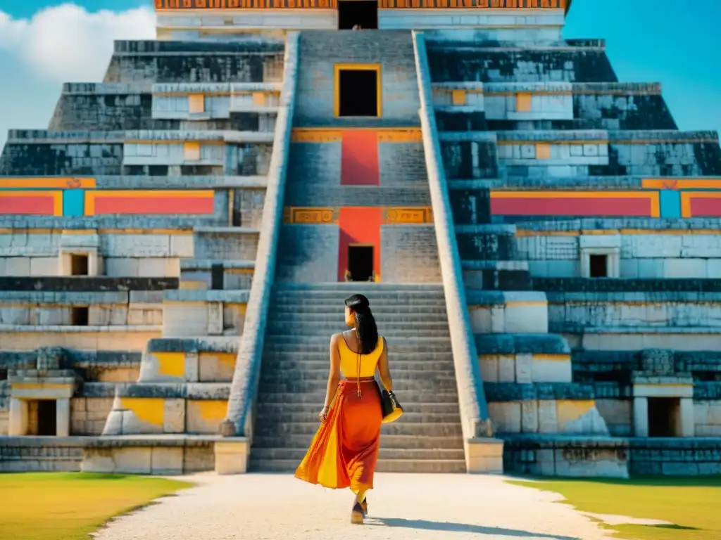 Detalles vibrantes del mural maya de Chichen Itza Detalles vibrantes de mural maya 'El Castillo' en Chichen Itza: evolución pintura maya innovación arte