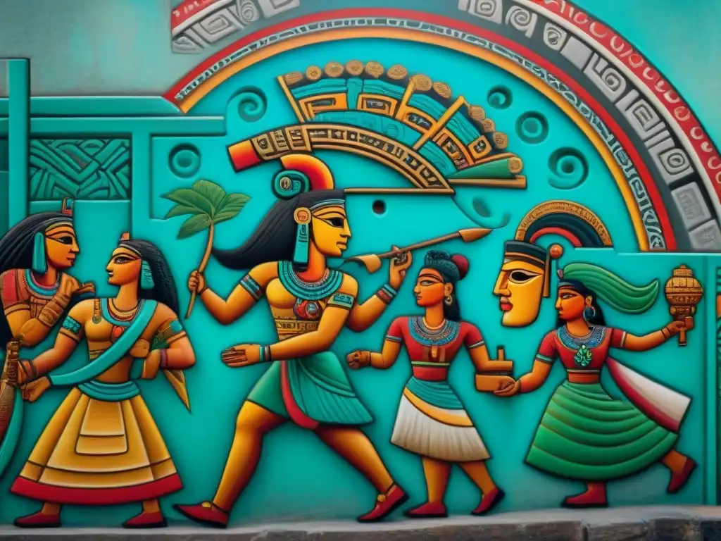 Mural maya: intercambio cultural detallado y vibrante Detalles vibrantes de un mural maya con intercambio cultural en pintura maya