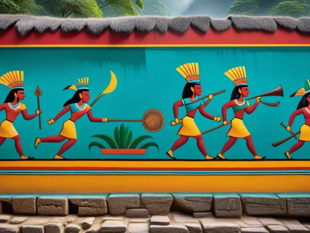 Detalles vibrantes de los murales Bonampak, cultura maya, plasmando escenas de la vida y guerra mayas