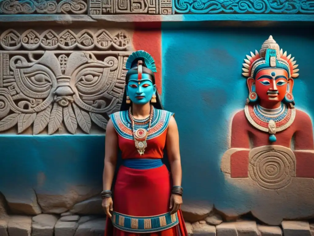 Detalles vibrantes de murales mayas en piedra, resaltando el significado de los pigmentos en el arte maya