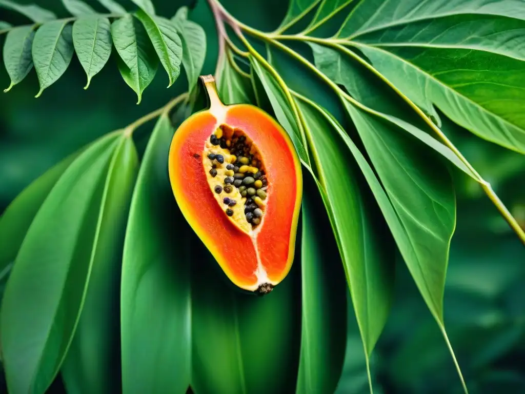 Detalles vibrantes de una papaya madura bajo el sol, rodeada de hojas verdes, simbolizando la belleza y beneficios de la papaya maya