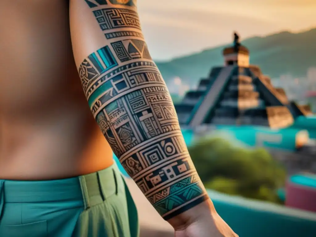 Detalles vibrantes de un tatuaje maya en el antebrazo, fusionando cultura antigua con la ciudad moderna