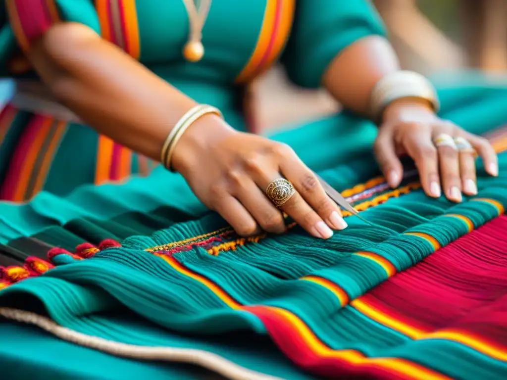 Detalles vibrantes de tejido maya reciclado, manos habilidosas creando arte textil