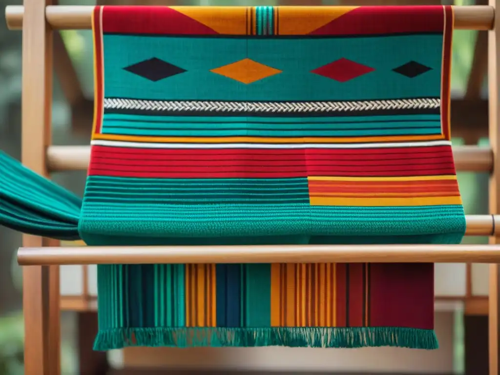 Detalles vibrantes de un textil maya en telar de madera, colores terrosos y diseños geométricos intrincados, reflejo de la sociedad antigua