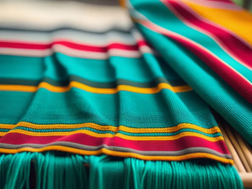 Detalles vibrantes de un textil maya tejido a mano, resaltando su arte y rol económico en la sociedad maya