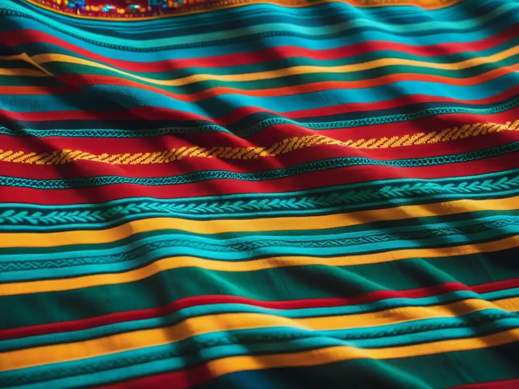 Detalles vibrantes de un textil maya, con patrones geométricos en rojo, amarillo, azul y verde