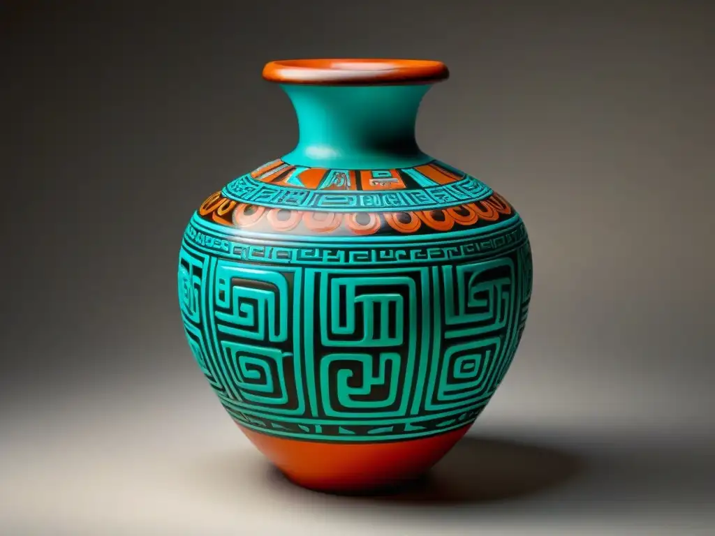 Detalles vibrantes del vaso maya con inscripciones y diseños simbólicos, destacando su artesanía y significado histórico