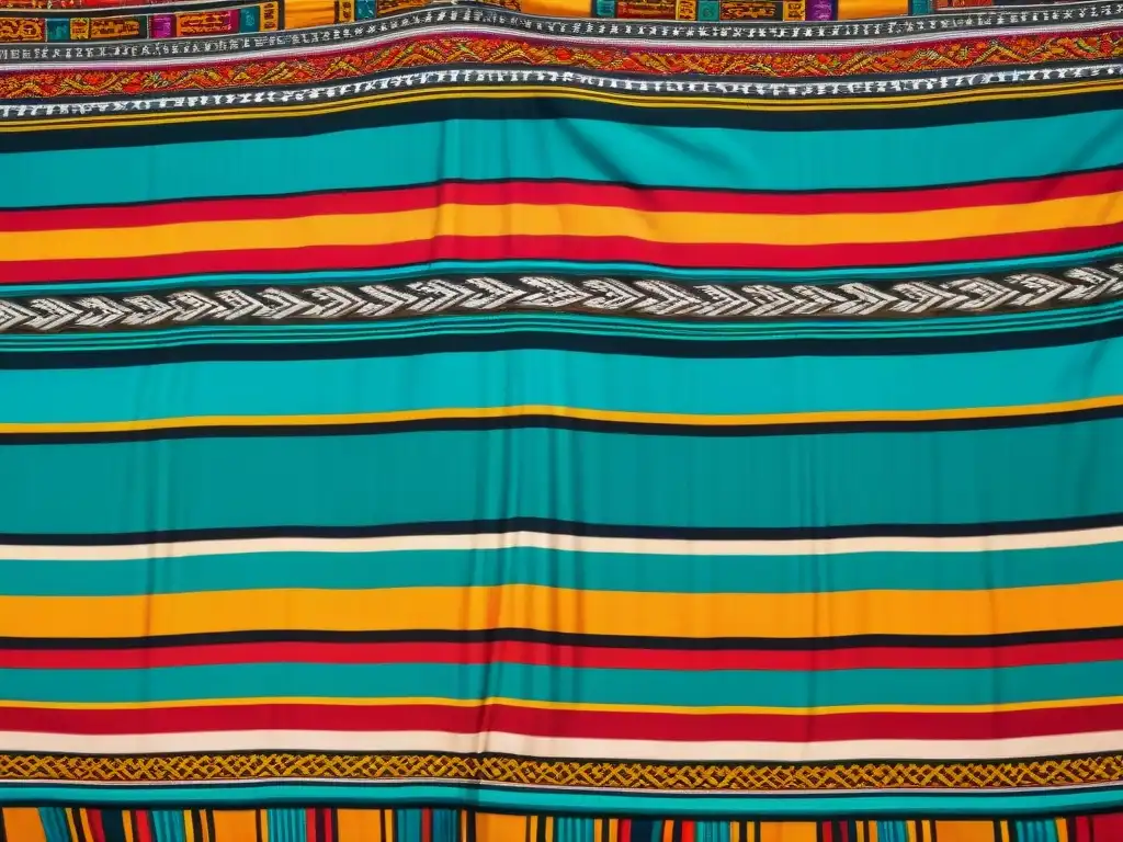 Detalles vibrantes de una vestimenta maya tradicional, reflejando patrones geométricos complejos y colores vivos en una obra de arte textil