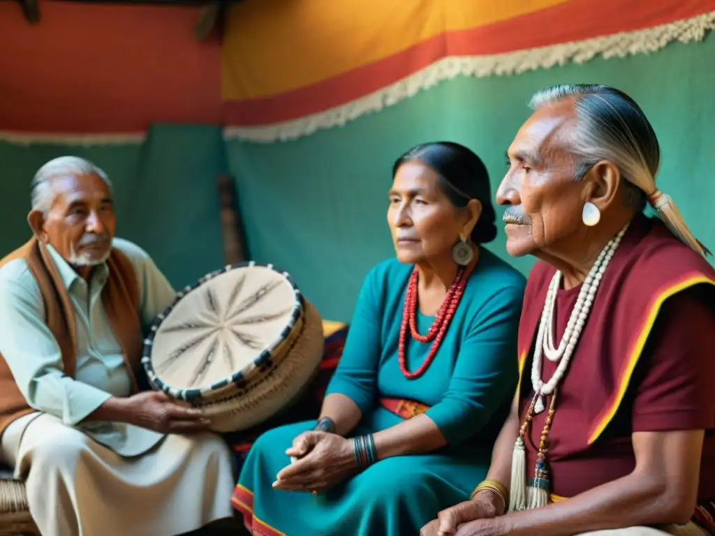 Diálogo de ancianos mayas en ambiente cálido, resaltando la preservación de lenguas indígenas en redes sociales