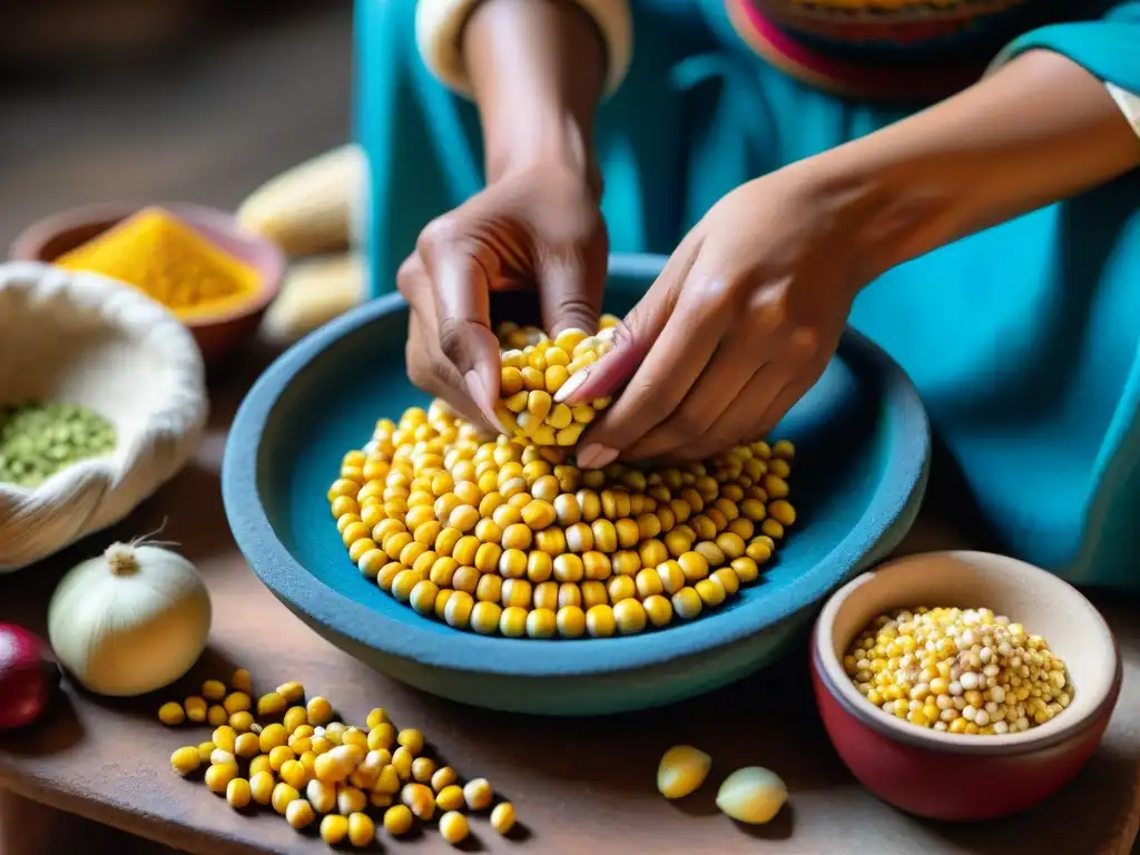 Transformación del maíz en dieta maya: manos de mujer maya moliendo maíz en metate, colores vibrantes de maíz amarillo, azul y rojo