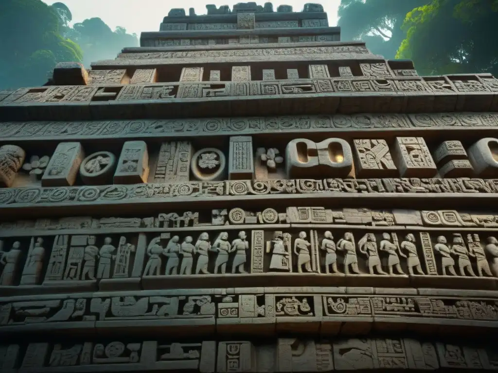 Reconstrucción digital de Copán: Detalles de piedra iluminados por el sol en estructuras antiguas