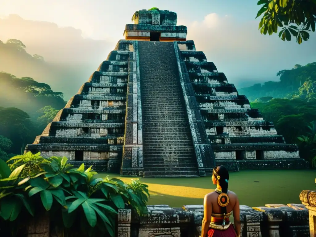 Dinastías mayas legado cultural histórico: Ruinas mayas detalladas con jeroglíficos, flora vibrante y luz dorada, evocando misterio y maravilla