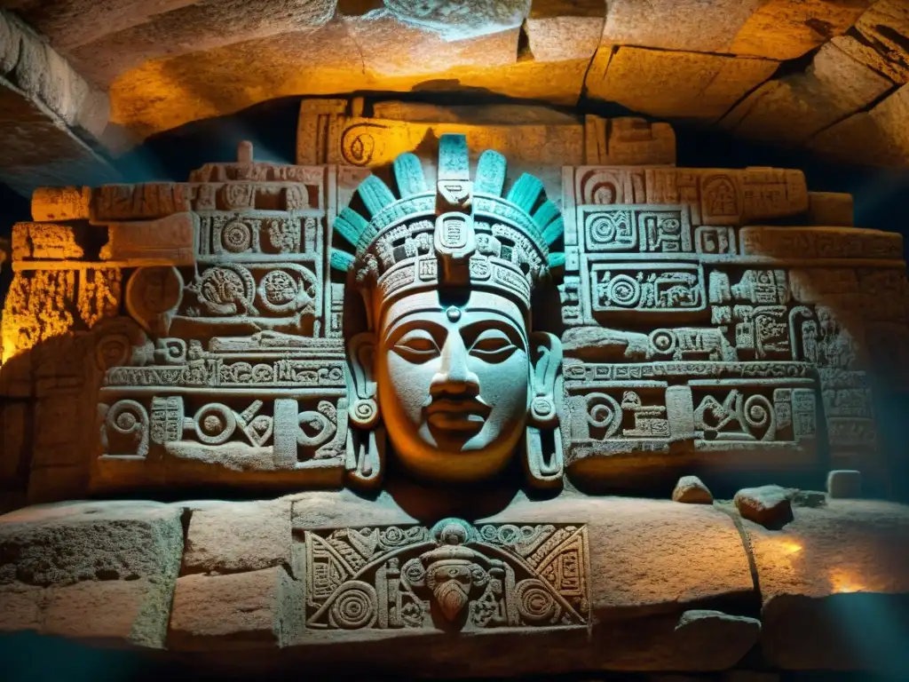 Descubre un dios maya tallado en piedra en un sitio oculto de Chichén Itzá, iluminado por una linterna