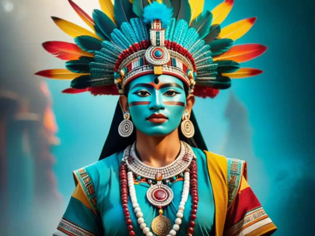 Dios maya en traje tradicional, con patrones y colores vibrantes, reflejando la naturaleza y espiritualidad