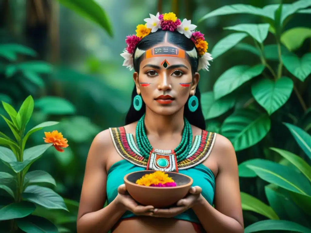 Diosa maya de fertilidad y medicina en la selva con hierbas curativas y flores vibrantes