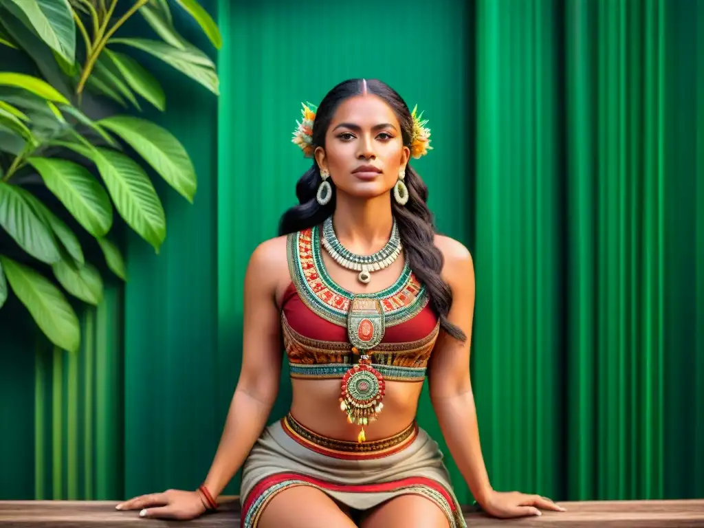 Diosa maya Ixchel en un mural detallado en la jungla, mostrando su influencia cultural con elegancia y símbolos de fertilidad y tejido