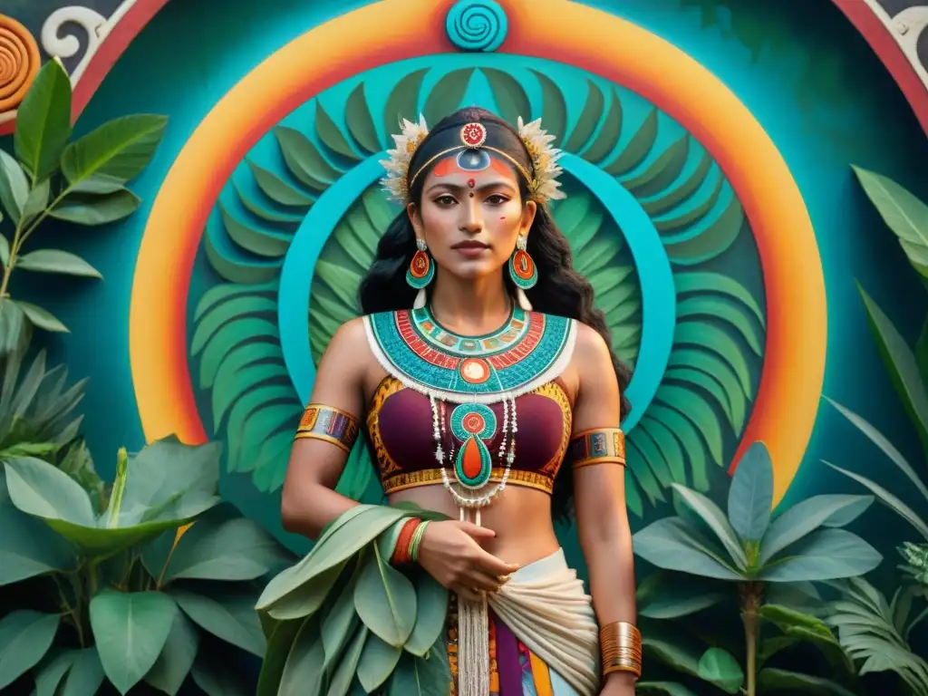 Una diosa maya, Ixchel, rodeada de simbolismo lunar y de feminidad, en un mural lleno de colores y patrones vibrantes