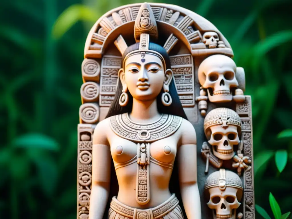 Diosa maya Ixtab y significado: Escultura detallada de la diosa, rodeada de símbolos de muerte y renacimiento en la selva mística