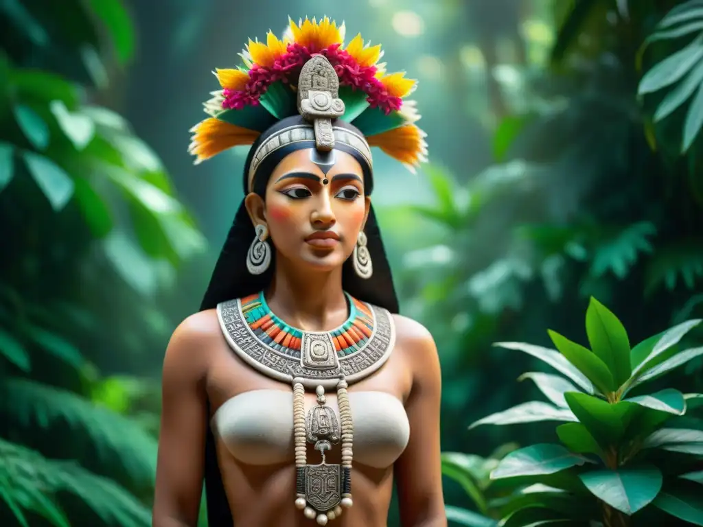 Diosa Ix Tab en maya: Estatua de piedra tallada con motivos de la muerte y la vida eterna, en la exuberante selva maya