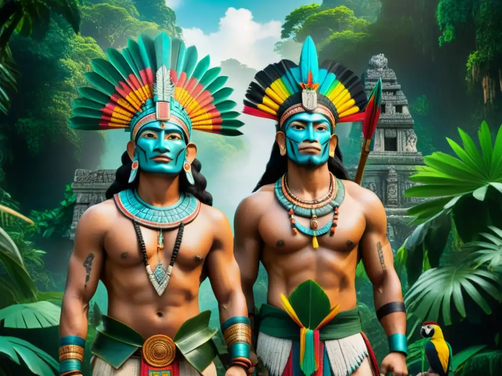 Dioses gemelos Hunahpú e Ixbalanqué en la selva maya, con arco, flechas y vestimenta tradicional, rodeados de naturaleza exuberante y templos antiguos