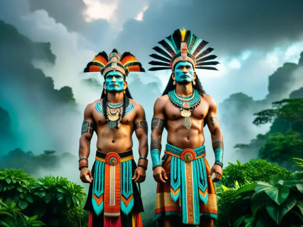 Los dioses gemelos Hunahpú e Ixbalanqué, con atuendos mayas, en la selva con templos antiguos y cielo tormentoso